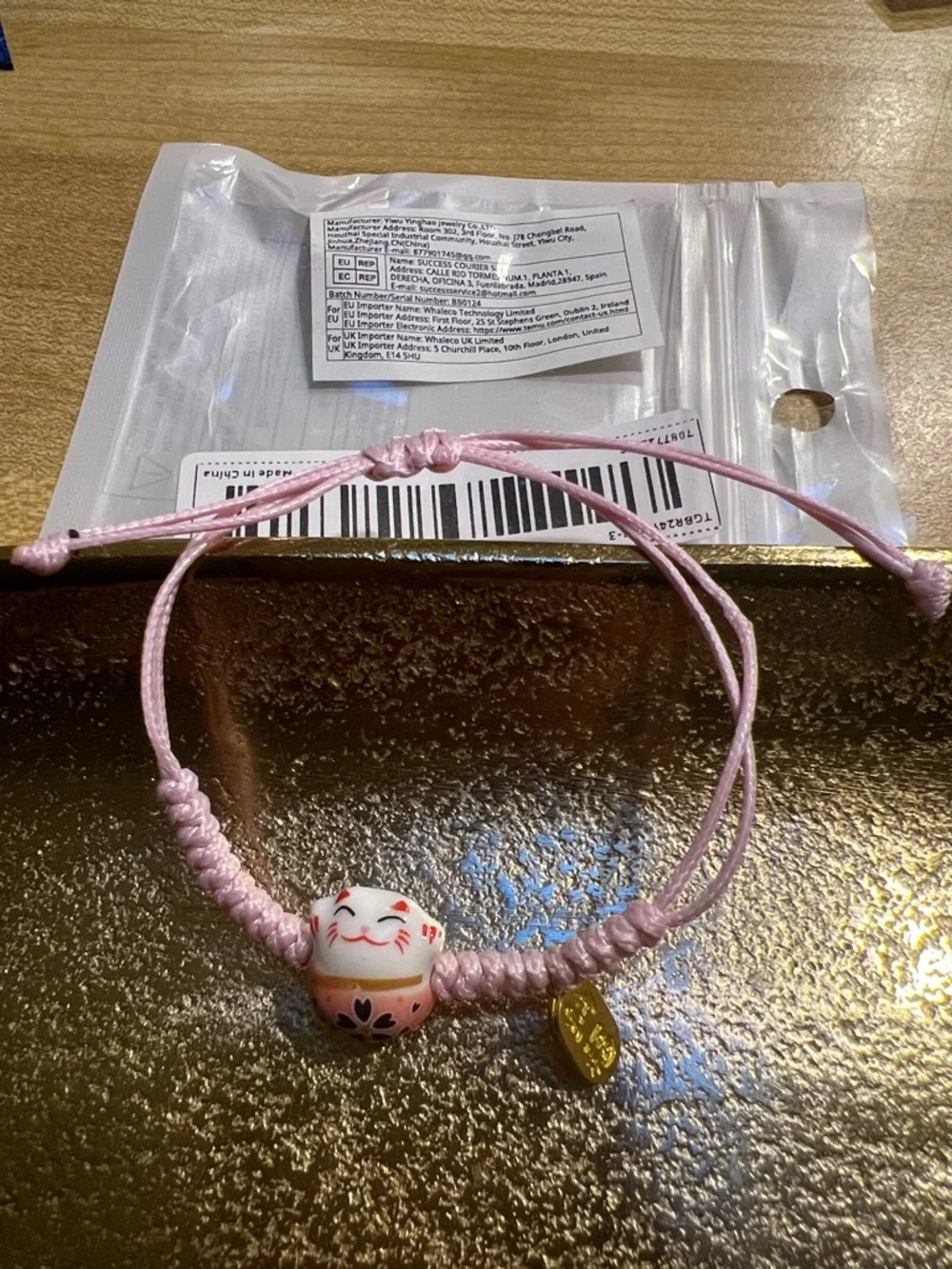 #1751**Kids Pink Maneki Neko Adjustable Bracelet